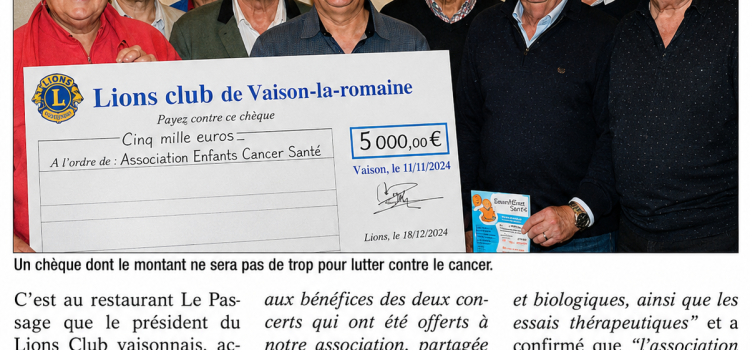 07/12/2017 – Contre le cancer, un don de 5000€